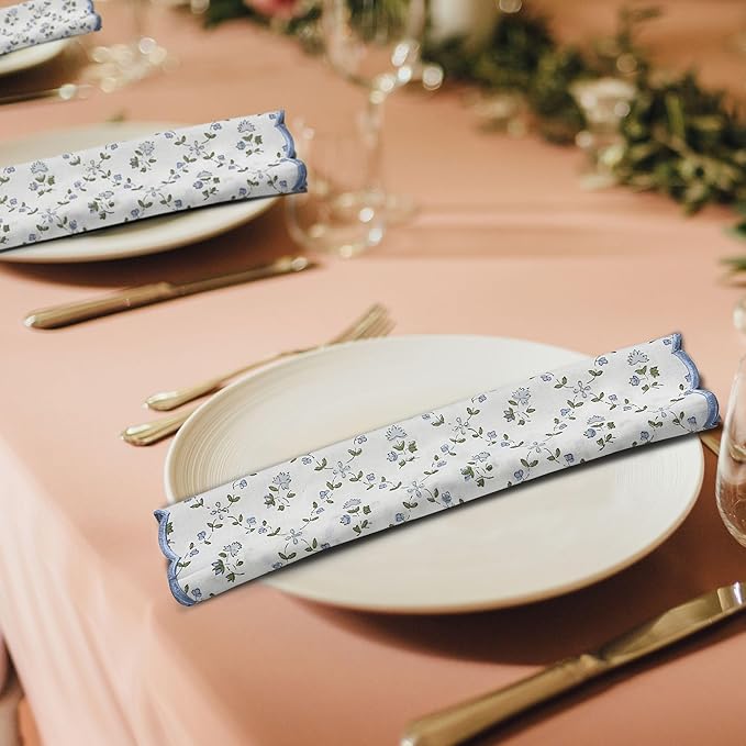 Ridhi Powder Blue Hand Block Print Napkins 18" x 18" Set of 4 Reusable Cotton Dinner Napkins for Weddings, Parties & Everyday Dining, Thanksgiving, Christmas, Fall