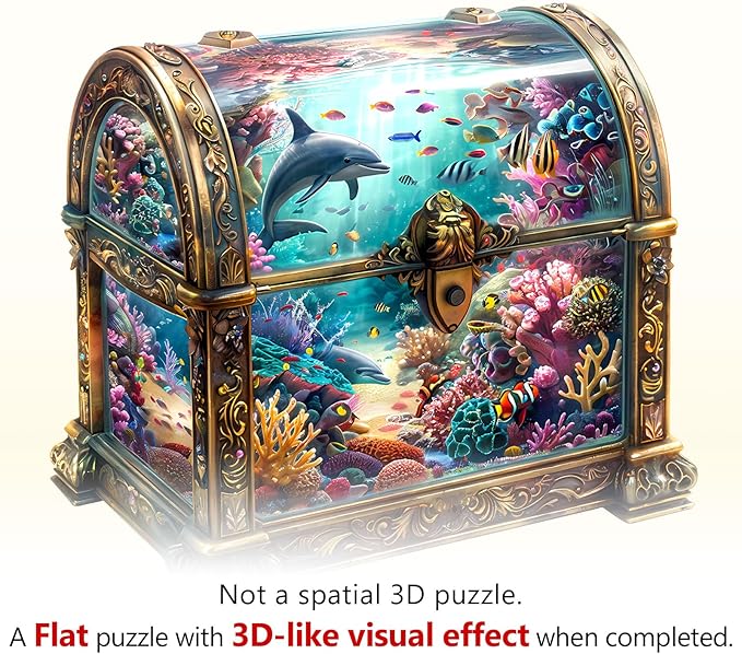 Wooden Puzzles for Adults, Treasure Chest Ocean Wooden Jigsaw Puzzle Unique Shape Animal Wood Puzzles Adult 3D Visual Effect, Birthday Gifts for Puzzle Lovers Family Games (M-11.4 * 11in-190pcs)