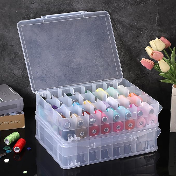 OwnMy 2 Pack 46 Grids Sewing Thread Organizer, Double-Sided Thread Spool Storage and Organizer Boxes, Plastic Embroidery Threads Embroidery Floss Organizers Boxes for Small Toys Cars, Sewing Crafts