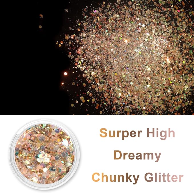 Renfio Opal Chunky Glitter, 1.75oz/50g Gold Glitter, Dreamy High Sparkle Glitter for Crafts Holographic Fine Glitter Mix Iridescent Glitters Flake for Resin Nails Art Hair DIY Snow - Golden Sunshine