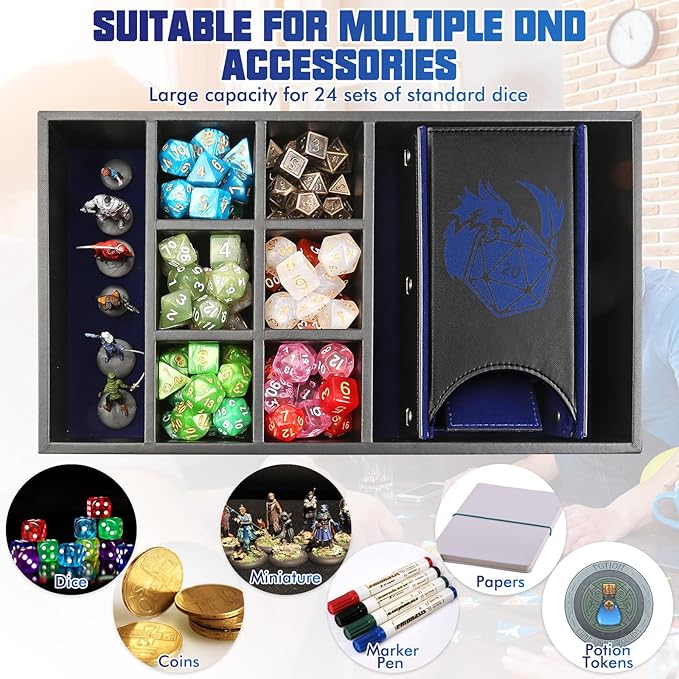 DND Dice Tray & Tower Storage Box, 4 in 1 D&D Dice Holder Case (Dice Rolling Tray, Dice Roller Tower, Dice & Miniature Storage), Great RPG Accessories Gifts for Dungeons and Dragons MTG DM & Player