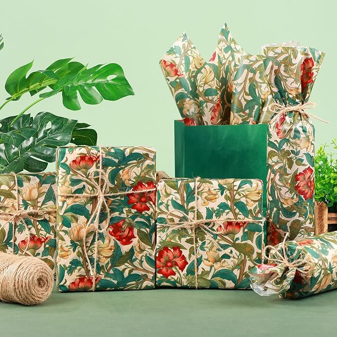 100 Sheet William Morris Tissue Paper, 20x14 inch Vintage Blue Green Floral Printed Wrapping Paper Seamless Print Botanical Flower Tissue Paper for Birthday Wedding Bridal Shower Tea Party DIY Craft