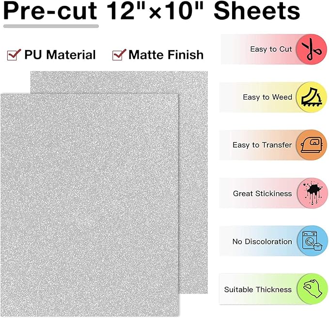 HTVRONT Silver Glitter HTV Heat Transfer Vinyl Bundle: 13 Pack 10" x 12" Iron On Vinyl for T-Shirt, Cricut, Silhouette Cameo or Heat Press Machine
