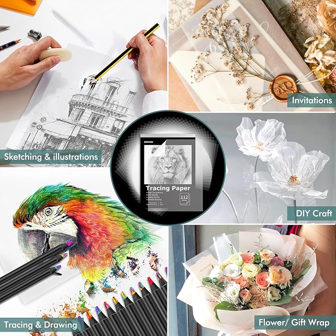 Tracing Paper 8.5x11 inch, 112 Sheets Transparent Vellum Paper for Tracing Pads, Translucent Tracing Paper for Pencil, Marker and Ink - Trace Images, Sketch, Preliminary Drawing, Overlays, Black