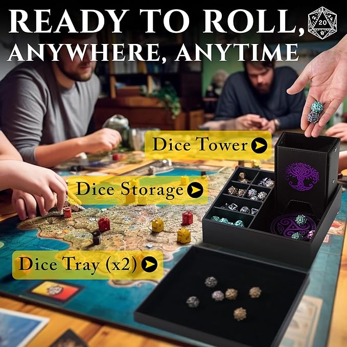 Dice Tray and Dice Tower for DND and RPG - All-in-One Game Roamer Tray & Large Tower for Random Rolls - Stores Your Sets, Mini's and More Compatible with D&D (Purple Tree)