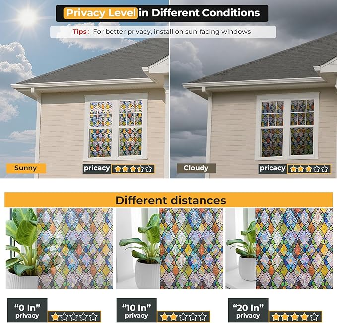 Window Privacy Film Rainbow Film Stained Glass 3D Static Cling Decorative Window Sticker for Bathroom,Front Door,Home Heat Control UV Blocking Non Adhesive,Diamond Grid 17.5 x 78.7 inches