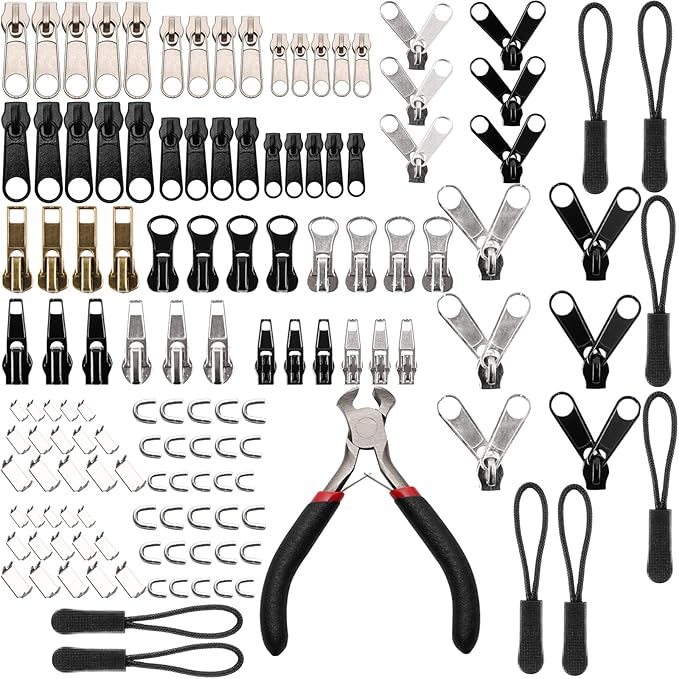 Maosifang 205-Piece Zipper Repair Kit with Zipper Install Pliers, Pull Tabs for Clothing, Bags, Jackets, Luggage, Backpacks, Purses - Black and Silver