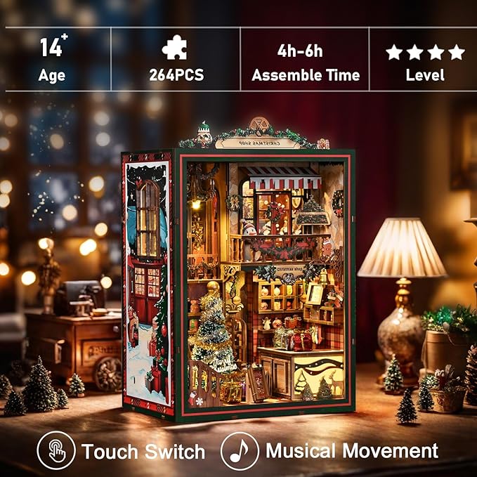 Book Nook Kit - DIY Miniature Dolls House Kit with Furniture and LED Light, 3D Puzzle Wooden Art Bookends, Model Kits for for Adults and Teens (Christmas Shop)