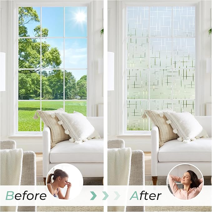 DOWELL Window Privacy Film Frosted Glass Window Film, Sun Blocking Non-Adhesive Glass Cling, Decorative Door Sticker, Self Static-Cling Tint Covering for Home Office, Cross Pattern 35.4" x 78.7"