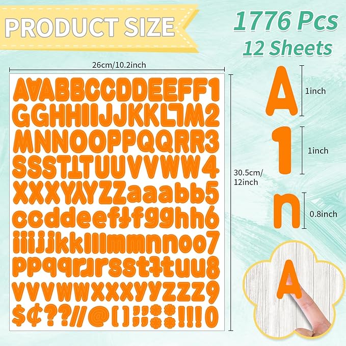 Alphabet Stickers, 12 Sheets Orange Letter Stickers, 1'' Inch Self-Adhesive Vinyl Mailbox Numbers & Letters for Home Decor & Classroom Bulletin Boards