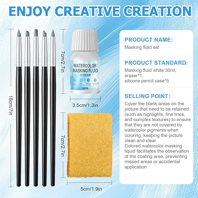 WANJAO Masking Fluid for Watercolor Painting, Liquid Masking Tape with Silicone Pens Cleaning Brush for Painting Fast Drying Easy Peel Use to Art Watercolor Supplies Retouching Covering, 30ml White