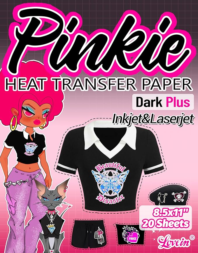 Lovein Pinkie Iron on Heat Transfer Paper for Dark T Shirts (20 Sheets 8.5x11", Dark Plus) Printable HTV Heat Transfer Vinyl for Inkjet & Laserjet Printer Iron on Transefers Paper for Dark Fabric