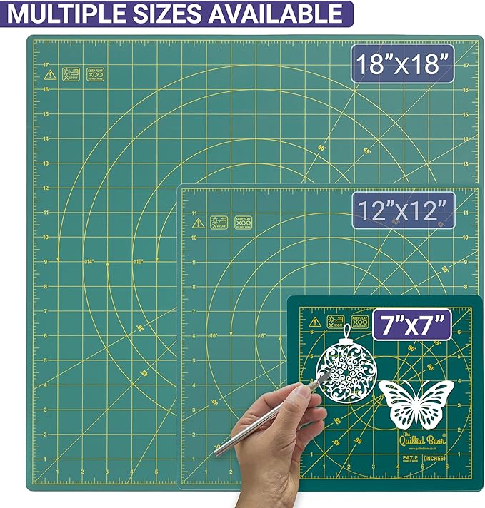 The Quilted Bear Rotating Cutting Mat 7" x 7" - Locking & Rotating Self Healing Cutting Board for Sewing, Fabric & Effortless Quilting - 360 Degree Sewing Supplies Mat for Craft Table (Green)