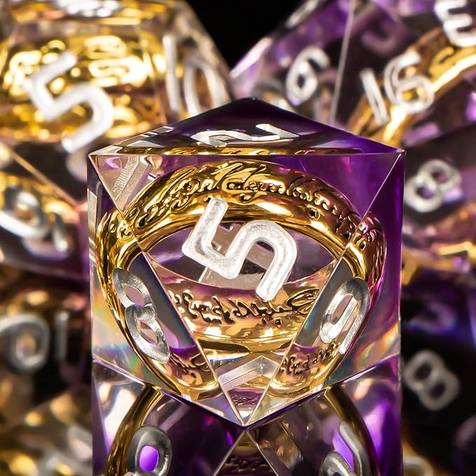 OUKELANWO Magic Lord Rings DND Dice Set with Box, 7Pcs Resin LOTR D&D Dice Set for Role Playing Game, Purple Dungeons Dragons D and D Sharp Edge Dice D20 D12 D10 D8 D6 D4