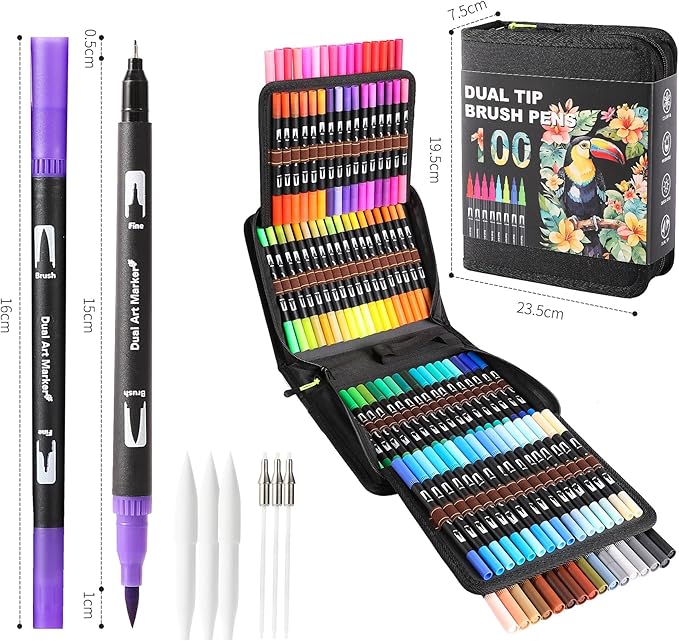 Dual Tip Markers, Double Brush Art Markers Set with Fine Tip and Brush Tip for Adult Coloring Book, Hand Lettering, Calligraphy & Drawing, Art Supplies Kit for Kids and Adults (100 Colors)