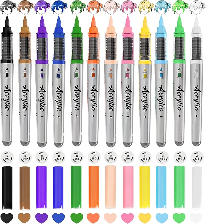 Acrylic Paint Markers Anime Color, 12 Colors Fabric Marker, Auto-Ink Paint Pens Markers, Brush Tip Marker for Rock Painting, Wood Glass Ceramic Canvas Stone DIY Crafts Making Art Supplies