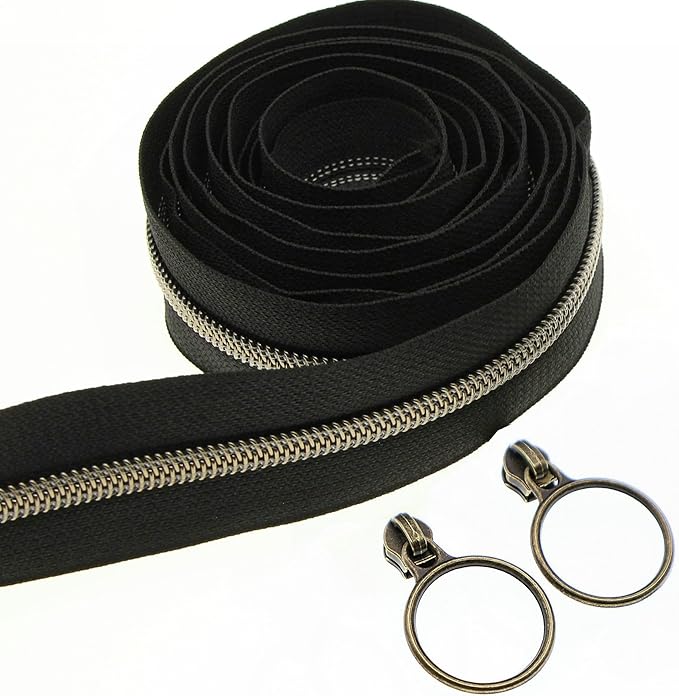 Leekayer 5# Black Nylon Zipper Tape Brass Teeth 10 Yards Continuous Zipper with 25 pcs Ring Pull Silders Bulk(Antique Brass)