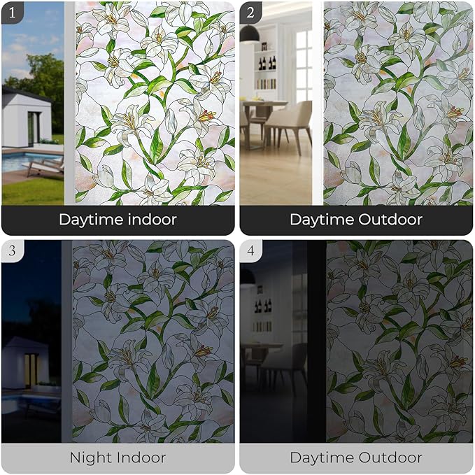 3D Stained Glass Window Film, Decorative Window Privacy Film for Bathroom, Front Door, Home, Sun Blocking Heat Control, Static Cling,White Lily 17.3inch x 47.2inch