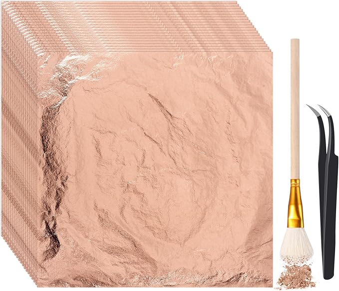 Cunhill 200 Pcs Gold Leaf Sheets for Art Foil Paper Leaf Art Foil Sheets Gilding Brush Thin Paper Craft for Painting Gilding Crafting Decoration,5.5 x 5.5 Inches (Rose Gold)