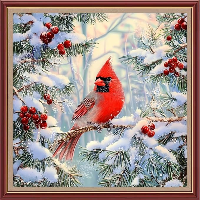 DMCXART Counted Cross Stitch Kits for Adults Needlepoint Kits Unprinted Cross Stitching Embroidery Kit 11CT Cross Stitch Supplies-Colorful Little Bird Snow Scene 18x18 inch