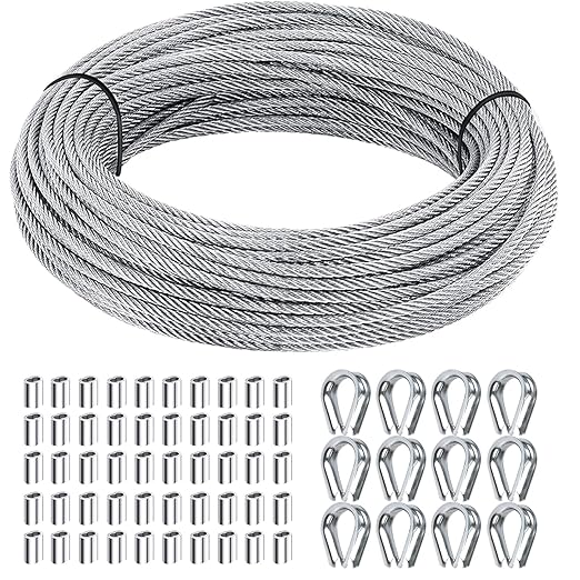 1/8 inch Wire Rope Kit, Haploon 33ft Wire Cable Rope Stainless Steel Cable Railing kit, 50 Pcs Aluminum Crimp Sleeves and 12 Pcs Thimble for Decking,Railing,DIY Outdoor Shades, Picture Hanging