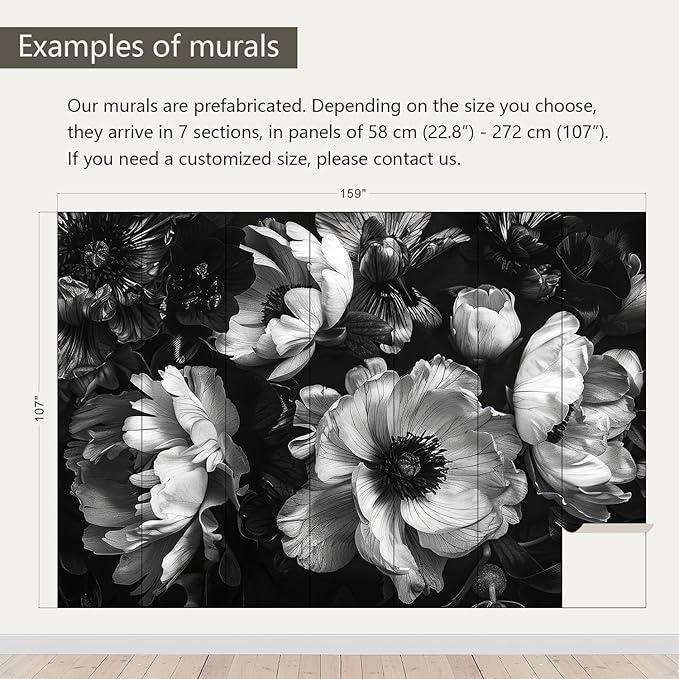 AFZEVEB-Black Peony Floral Wallpaper Vintage Large Flower Wall murals for Bedroom 159"x107"(Not Peel and Stick)