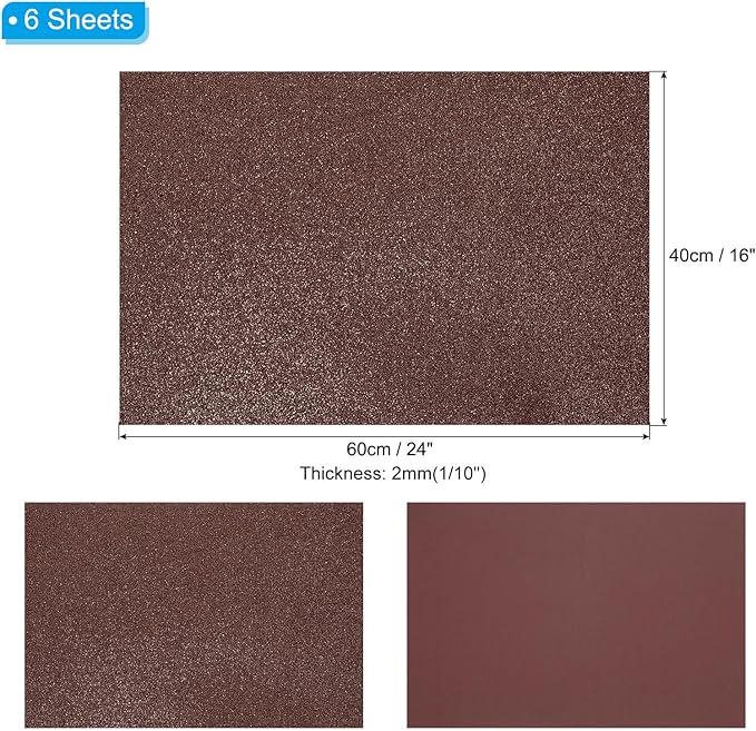 PATIKIL 2mm(1/10") Thick Non Adhesive Glitter Foam Sheet 16x24inch(40x60cm) Coffee, EVA Shiny Foam Board for Craft, 6 Pcs