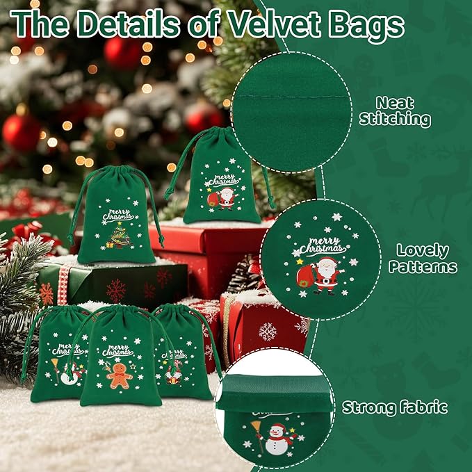 Tapleap Christmas Bags with Drawstring - 50Pcs 3x4 Green Velvet Coth for Wrapping Christmas Party Favors or Gifts for Friends, Children, Customers
