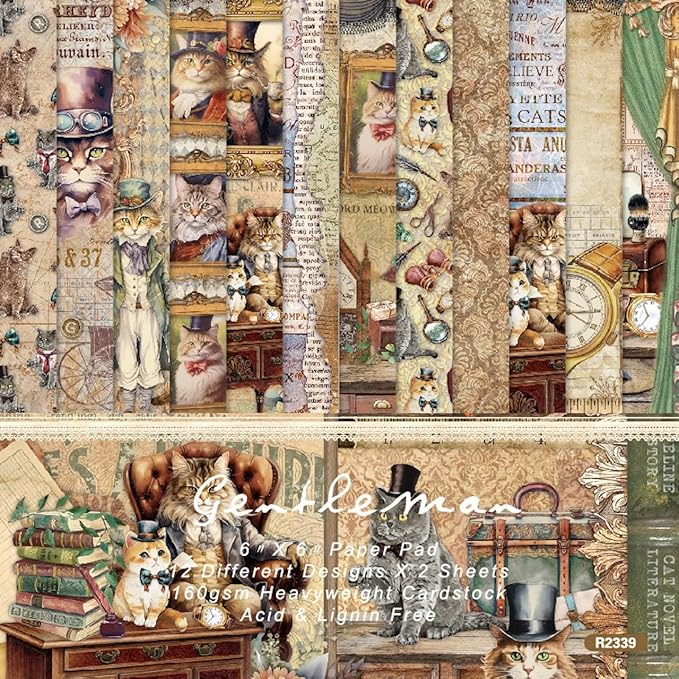 24 Sheets Cat Decorative Scrapbooking Paper Pad 6x6 Craft Paper Single-Side Card Making Supplies for Junk Journal, Origami, Holiday Journaling