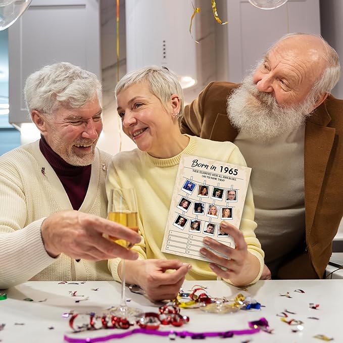 QUPT 60th Birthday Party Games, Set of 5 Activities for 10 Guests, Born in 1965 Games Bundle, Birthday Party Supplies for Adults, Pack of 50 Cards