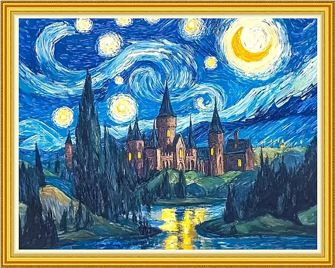 Hopeart Stamped Cross Stitch Kits for Beginner Embroidery Kits for Beginners Adults DIY 11CT Cross Stitch Patterns Needlepoint Kits Crossstitching Kits-Van Gogh's Starry Moon Castle 16x20 inch