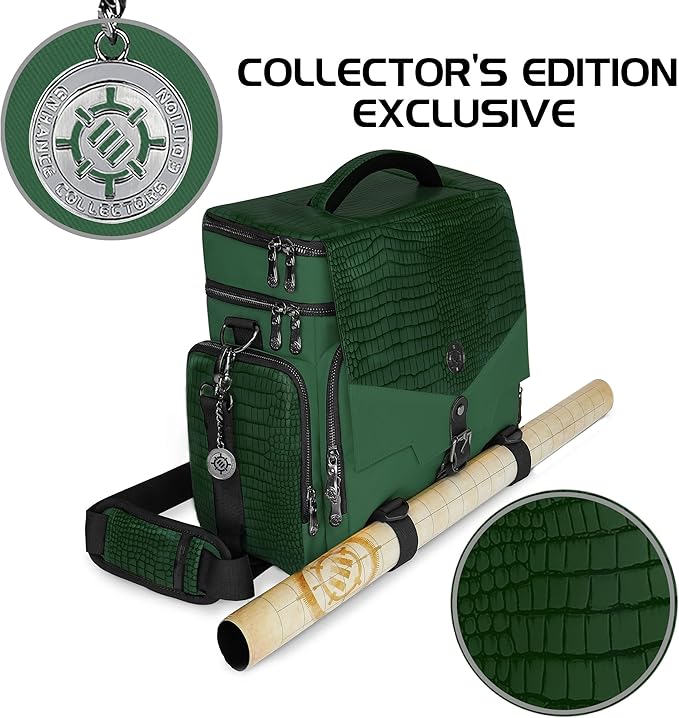 ENHANCE Collector's Edition RPG Adventurer's DnD Bag - Dragon Hide Exterior Travel RPG Bag with Tabletop Miniatures Storage Vault, Mat Holder, DnD Dice & Token Pockets, Fits 4-8 Books (Dragon Green)