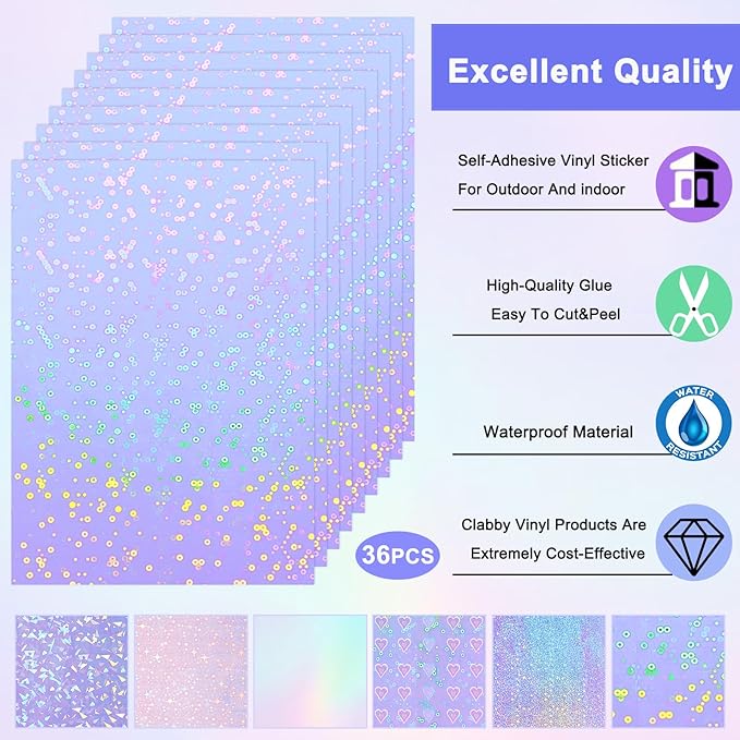 Clabby 36 Sheets Holographic Sticker Paper A4 Vinyl Sticker Paper Self Adhesive Waterproof Transparent Film, 11.7 x 8.3 inches(Gem, Dot, Colorful, Star, Heart, Sand Star)