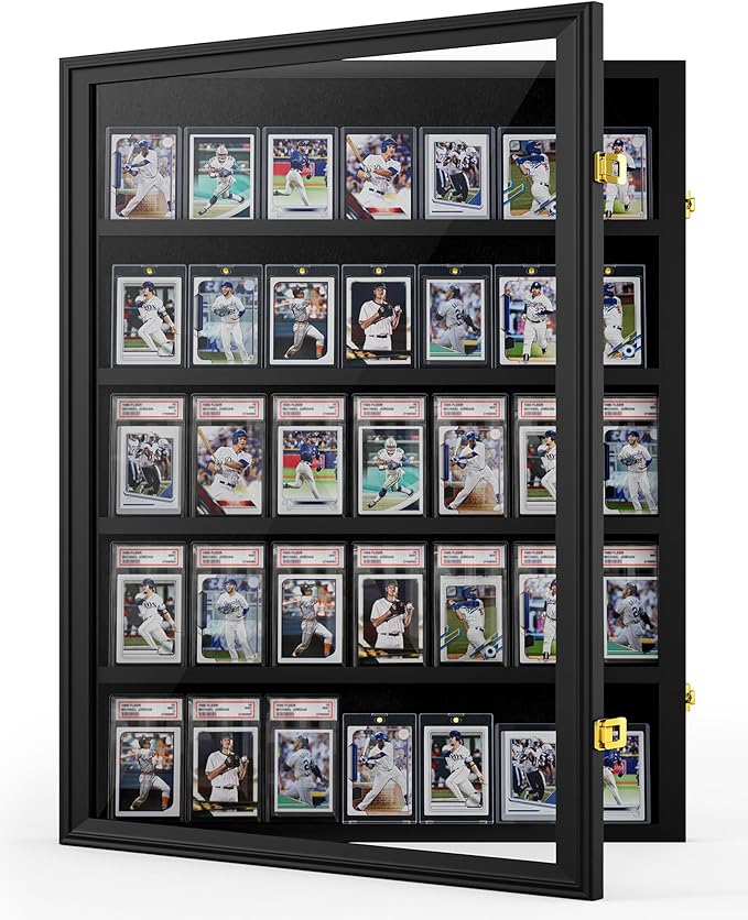 Mlikero Baseball Card Display Case, 35 Graded Card Display Frame Lockable, Trading Card Display with UV Protection Sports Card Display Case for Baseball Cards, Football Cards, Sports Cards