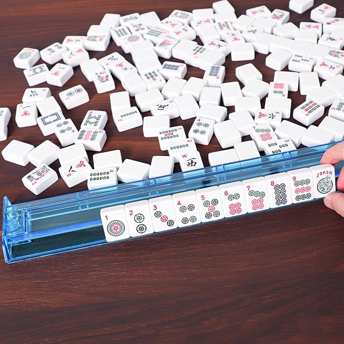 ZGME American Mahjong Set,166 White Tiles with Blue Rectangular Bag and Accessories,4 All-in-One Mahjong Racks with Pushers,Complete Western Mahjong Set