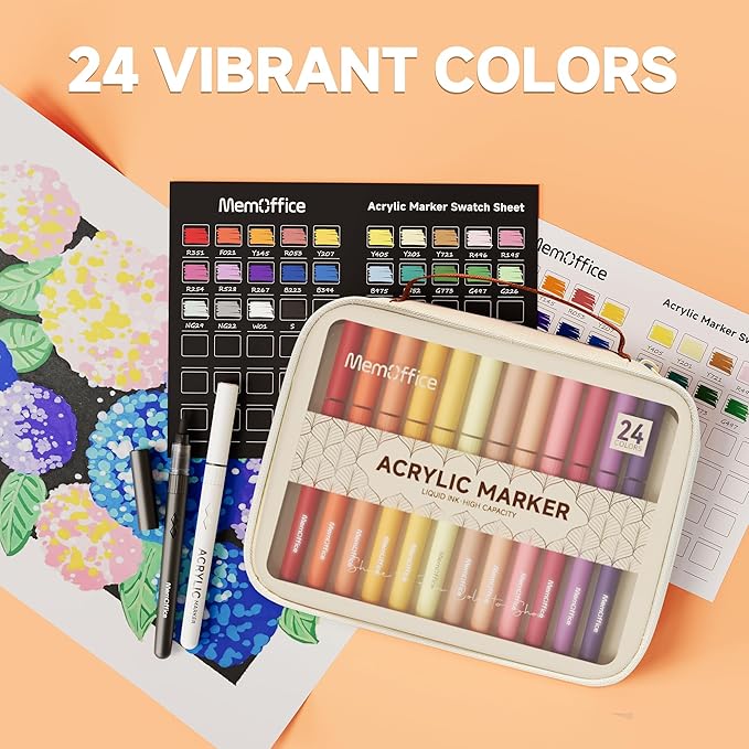 MemOffice Direct Liquid Acrylic Paint Markers, 24 Colors Brush Tip Pens with Carrying Case, No Bleed, Waterproof, for Rock, Wood, Canvas, Glass, Fabric, DIY Crafts for Adults & Kids
