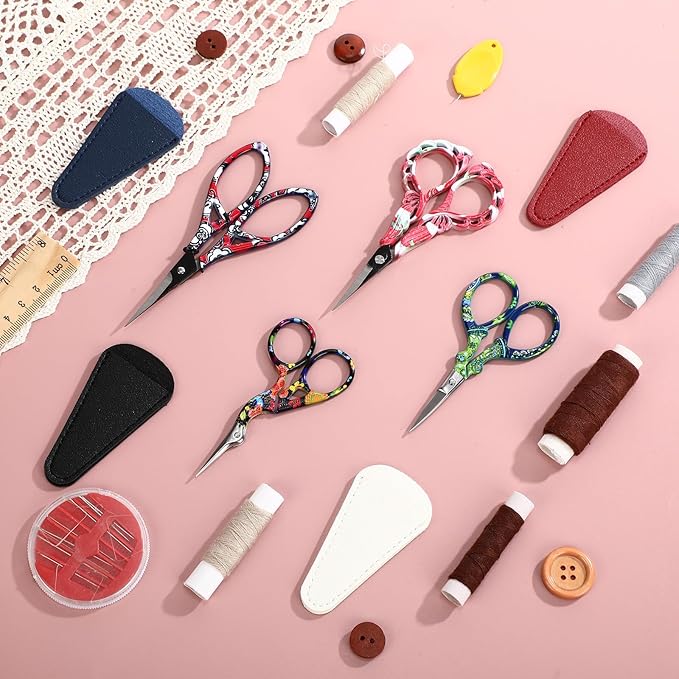 Zhehao 4 Pcs Sewing Embroidery Scissors with Artificial Leather Cover Sewing Stainless Vintage Embroidery Scissors for DIY Needlework Art Manual Handicraft (Delicate)