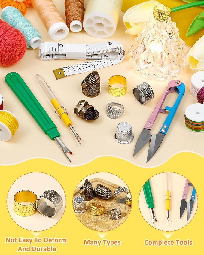 FIVEIZERO Thimble Kit– Sewing Thimbles for Hand Sewing, Metal Finger Protectors, Thimble Ring for Quilting and Embroidery, Includes Seam Ripper, Measuring Tape and Thread Snips