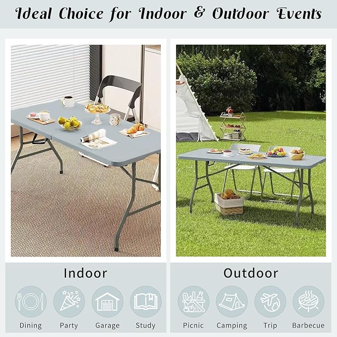 2 Pack 6 FT Folding Tables Grey Foldable Table, Fold-in-Half with Carrying Handle Portable Plastic Rectangular Table for Party, Dining, Wedding, Camping, Picnic, Indoor Outdoor Events