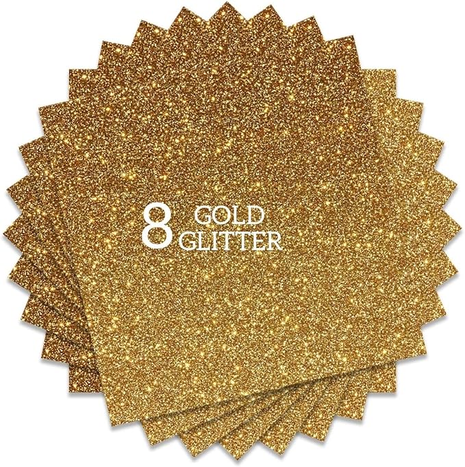 Gold Glitter HTV Heat Transfer Vinyl Bundle 8 sheets-12 x12 Iron on Vinyl for T Shirts Hats Clothing Compatible with Cricut Cameo Heat Press Machine