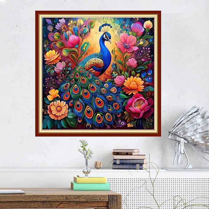Magxvouy Cross Stitch Kits Stamped Full Range of Embroidery Kits,Cross Stitch Patterns Needlework Kits for Beginners 11CT Printed Kits&Flower Peacock 18x18 inch