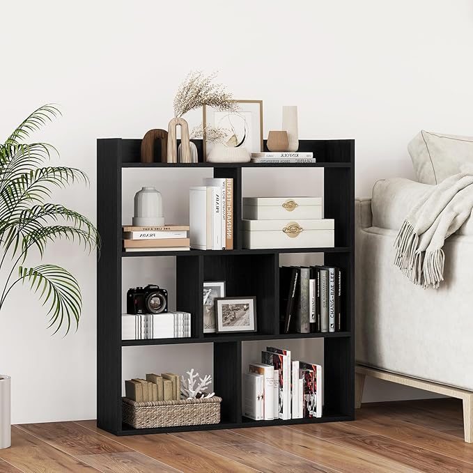 Giantex 7 Cubes Bookshelf, Free-Standing Wooden Bookcase, 4 Tier Home Display Shelf, Horizontal Storage Unit w/Anti-Toppling Devices, Open-Back Display Rack for Study, Living Room (1, Black)