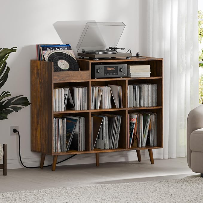 Cozy Castle Large Record Player Stand, Vinyl Storage Cabinet Mid Century Modern Turntable Stand Media Console Table Open Shelf Cube CD Album Holder Organizer for Living Room, Office, Rustic Brown