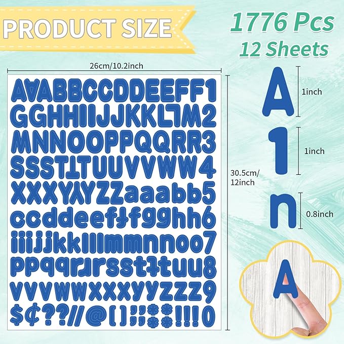 Alphabet Stickers, 1''Inch 12 Sheets Blue Letter Stickers Self-Adhesive Vinyl for Mailbox Numbers, Bulletin Boards & Home Decor