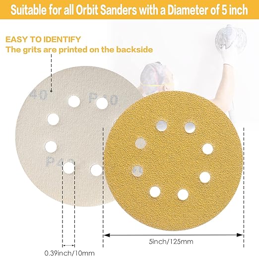 100PCS 5 Inch 8 Hole Sanding Discs 60 Grit,Gold Round Hook and Loop Sandpaper for Random Orbital Sander
