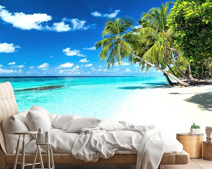 Palm Tree Wall Mural Tropic Paradise Beach Seascape Murals Wallpaper for Walls Bedroom Living Room Bedroom TV Background Kids Room Decoration（Not Peel and Stick）