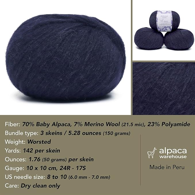 Pullu - Baby Alpaca Merino Wool Yarn Set of 3 Skeins (150 Grams) Worsted Weight - Sourced Directly from Peru - Heavenly Soft and Perfect for Knitting and Crocheting (Navy Blue)