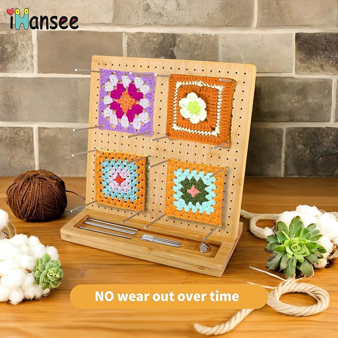 iHansee 11" Crochet Blocking Board with 20 Pegs, 200 Stitch Markers, Bamboo Granny Square Blocking Boards for Crochet Projects, Knitting Crocheting Accessories Kit, Gifts for Crocheters