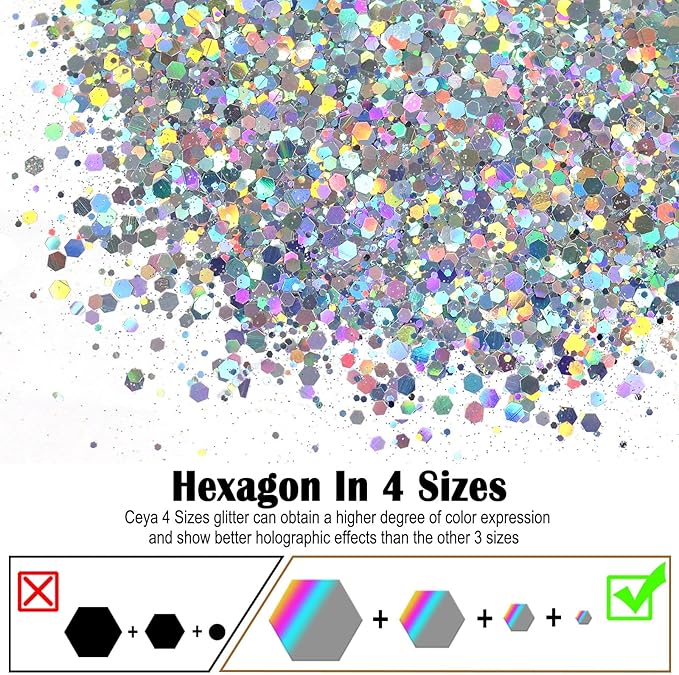 Ceya Holographic Chunky Glitter, 4.9oz/ 140g Silver Craft Glitter Powder Mixed Chunky Fine Flakes Iridescent Nail Sequins for Nail Art, Hair, Epoxy Resin, Tumblers, Slime, Painting, Festival Decor
