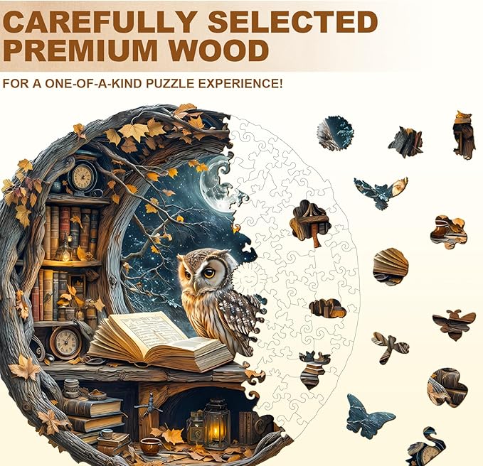WOODBESTS Wooden Puzzles for Adults - Moonlit Owl Wooden Jigsaw Puzzle, Unique Animal Wood Puzzles Adult, Xmas Puzzle Gifts for Puzzles Lovers(270Pcs, L, 13.4"x13.4")